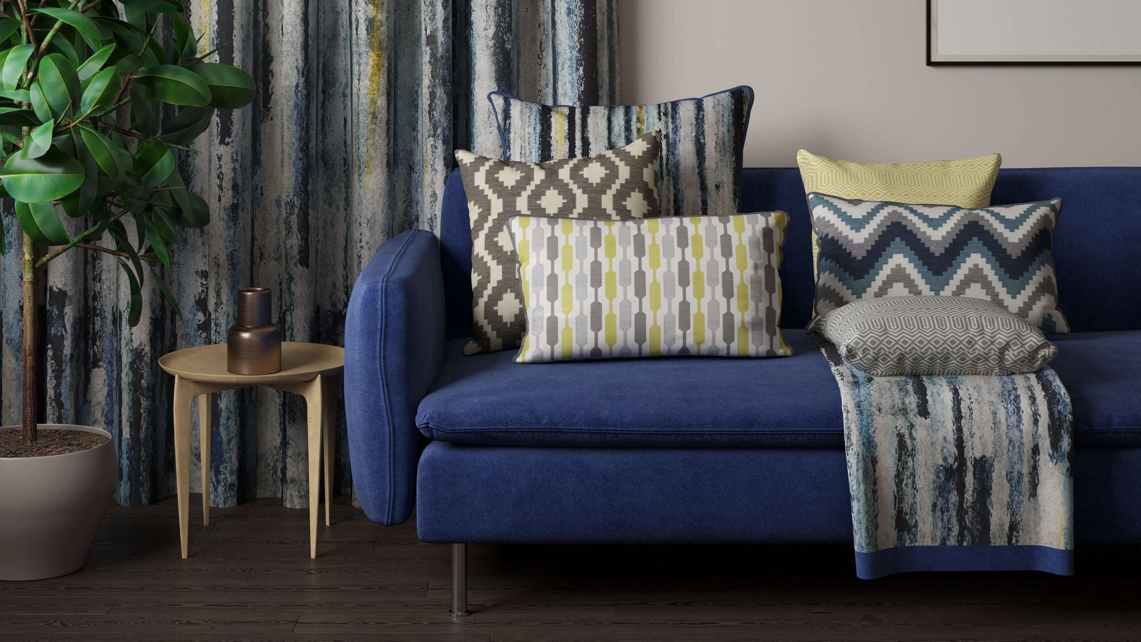 Aura Navy Blue Printed Velvet Fabric
