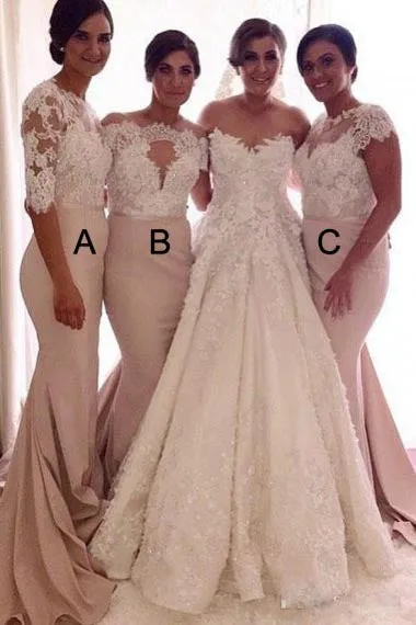 Mermaid Bateau Half Sleeves Sweep Train Blush Satin Bridesmaid Dress with Appliques AHC635