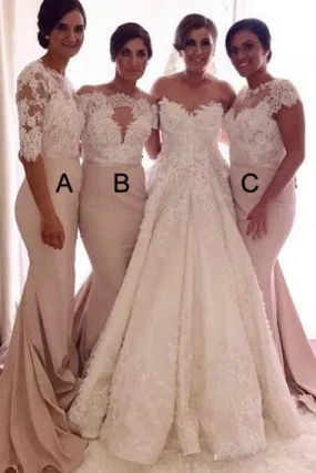 Mermaid Bateau Half Sleeves Sweep Train Blush Satin Bridesmaid Dress with Appliques AHC635