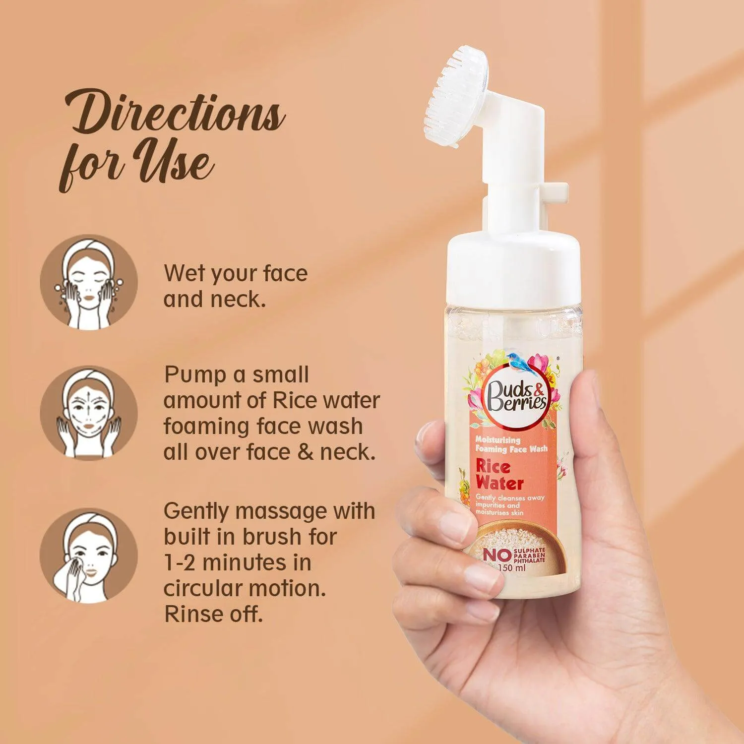 Moisturising Rice Water Foaming Face Wash with Silicone Brush ,  No Sulphate, No Paraben, No Phthalate - 150ml