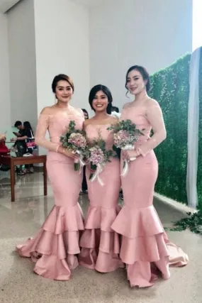 New Style Off the Shoulder Long Sleeve Memaid Bridesmaid Dress with Ruffles UQ1816